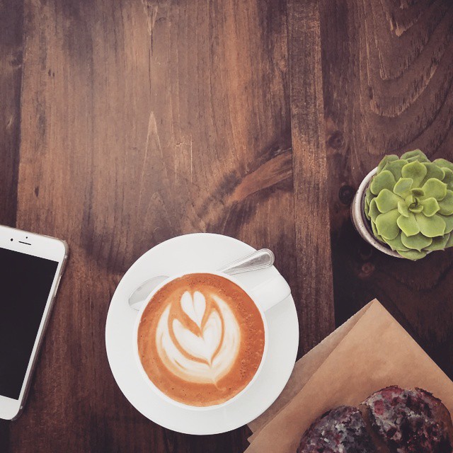 An iPhone, a cup of coffee, a muffin, and a plant.
